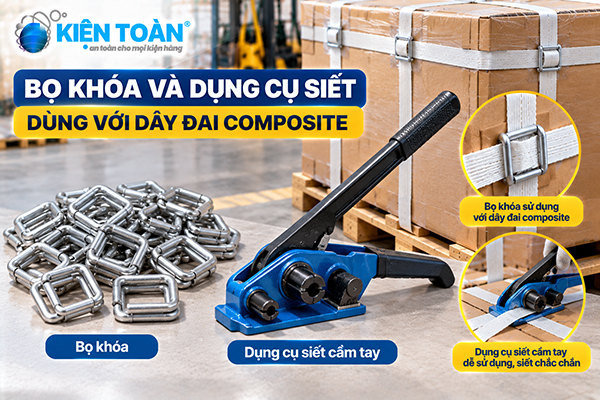 Bọ khóa và dụng cụ siết cầm tay dùng với dây đai composite
