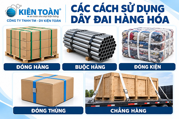 Các cách sử dụng dây đai hàng hóa: đóng hàng, buộc hàng, đóng kiện, đóng thùng, chằng hàng