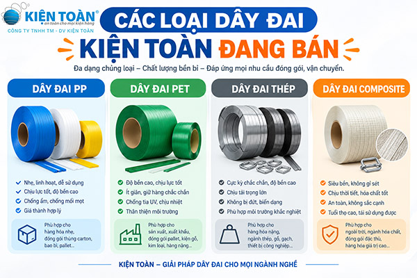 Các loại dây đai PP, PET, thép, composite Kiện Toàn đang bán