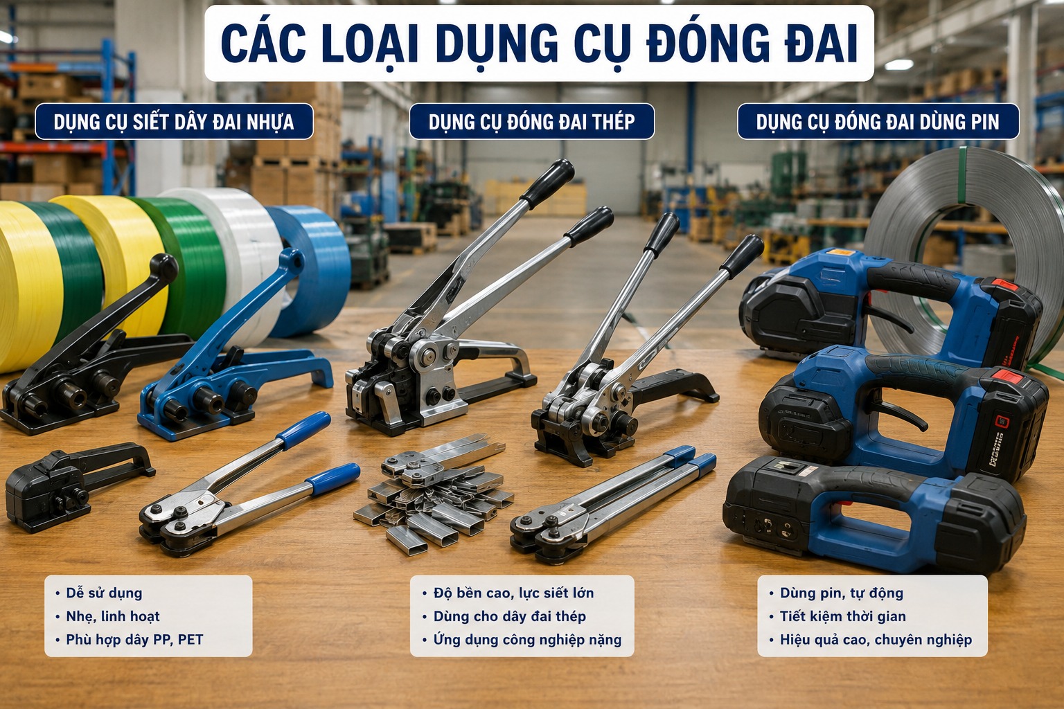 Các loại dụng cụ đóng đai phổ biến trong đóng gói