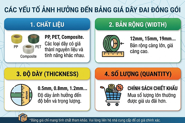 Các yếu tố ảnh hưởng đến bảng giá dây đai như chất liệu, bản rộng, độ dày và số lượng
