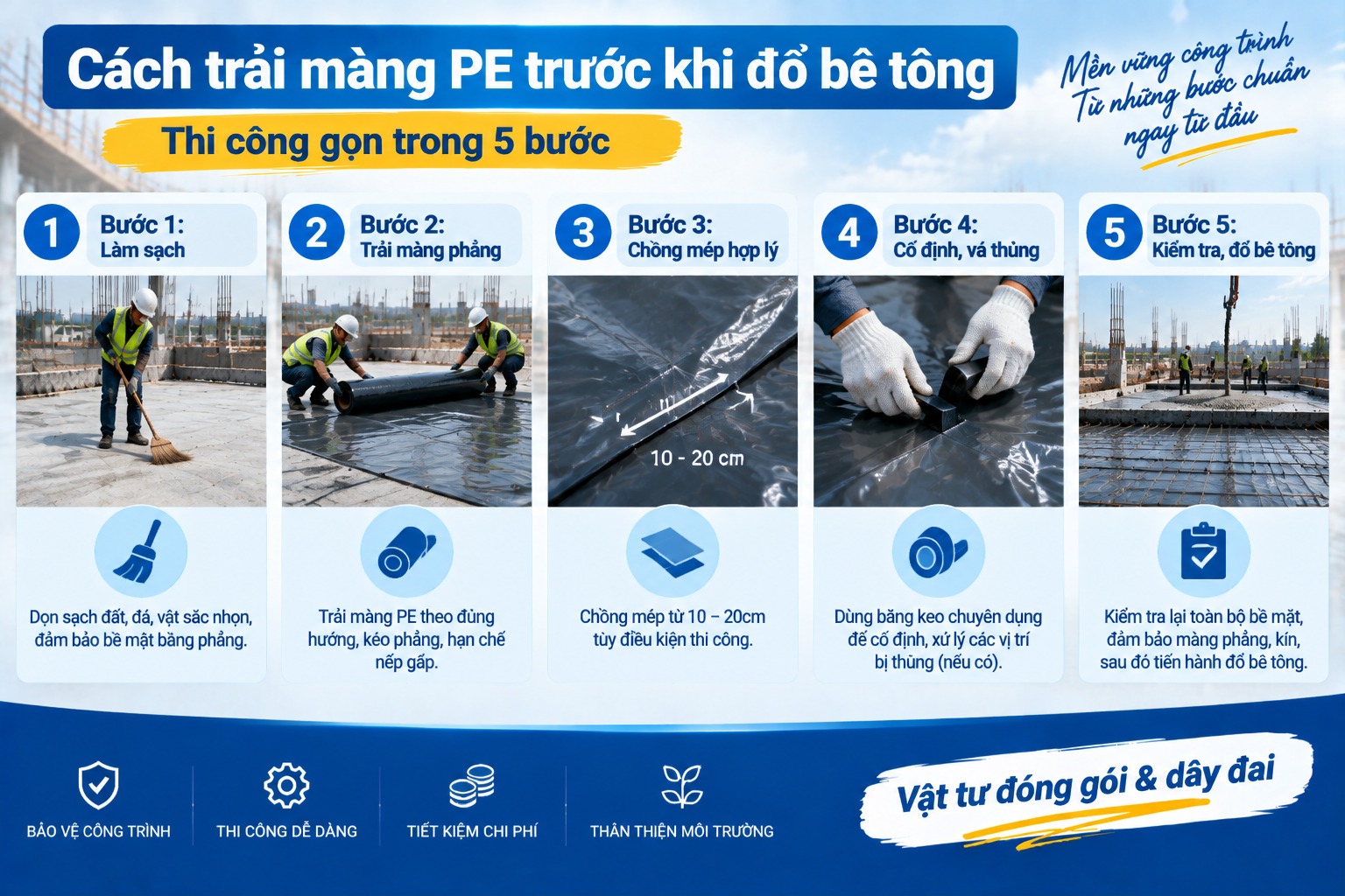 Các bước trải màng PE lót bê tông trước khi thi công