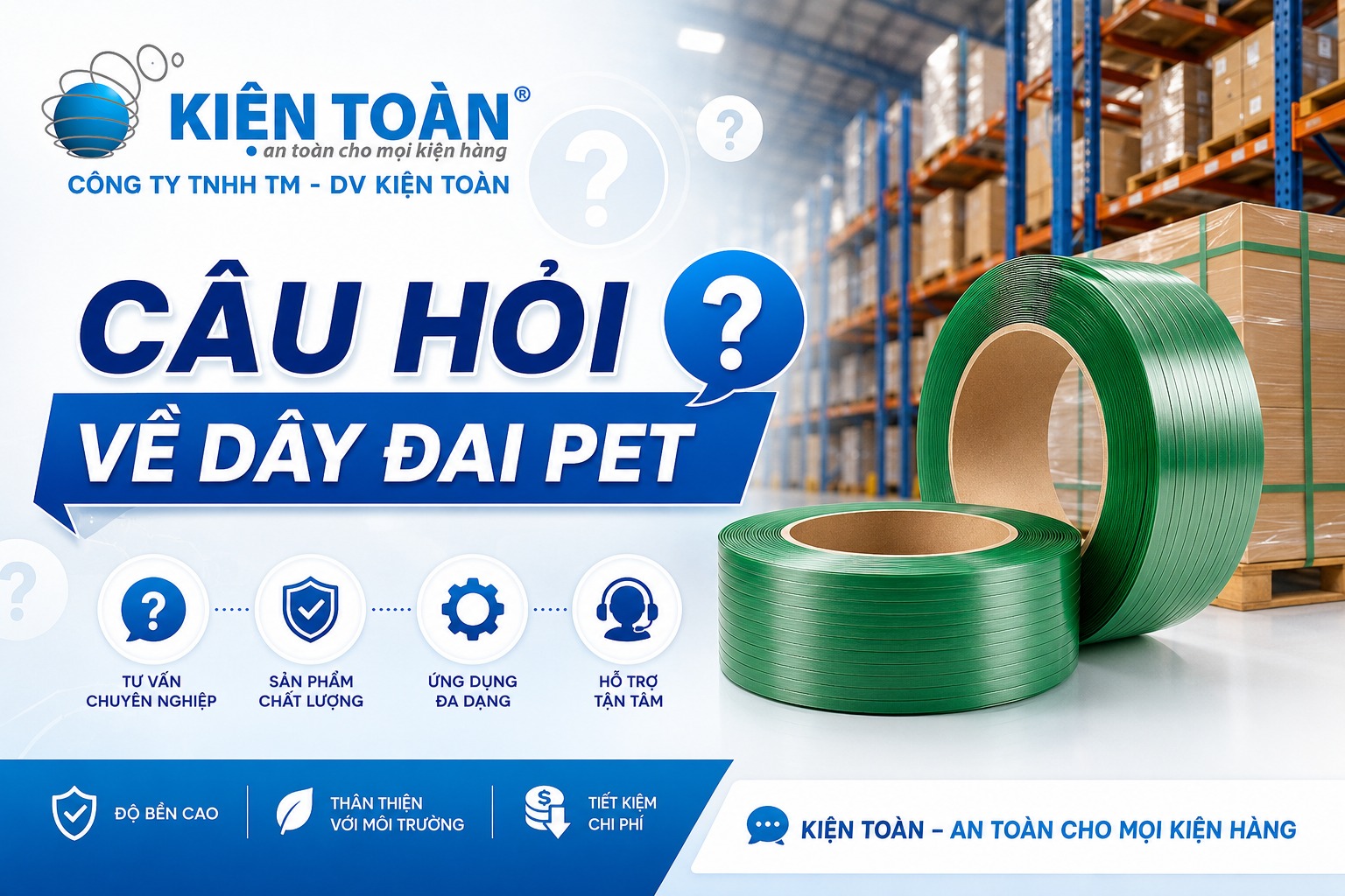 Dây đai PET chịu lực cao dùng cho pallet và kiện hàng nặng.
