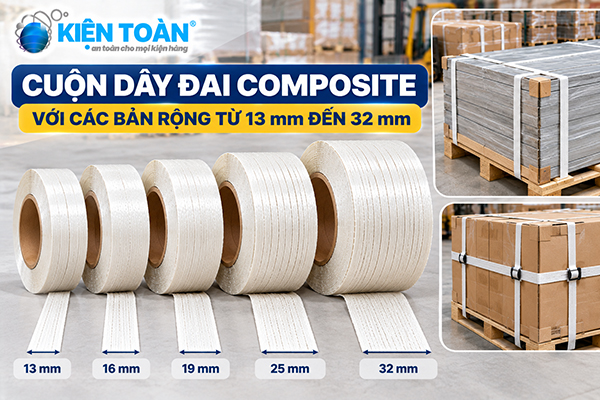 Cuộn dây đai composite với các bản rộng từ 13 mm đến 32 mm