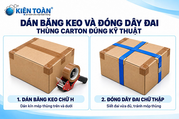 Dán băng keo và đóng dây đai thùng carton đúng kỹ thuật
