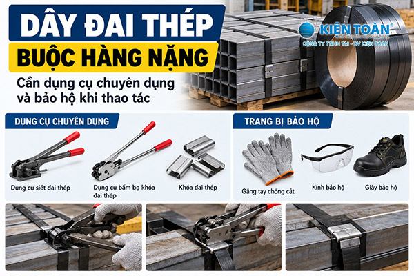 Dây đai thép buộc hàng nặng cần dụng cụ chuyên dụng và bảo hộ khi thao tác