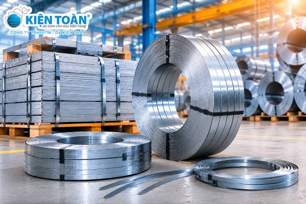 Cuộn dây đai thép dùng để đóng kiện hàng hóa công nghiệp.