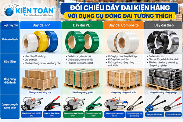 Đối chiếu dây đai kiện hàng với dụng cụ đóng đai tương thích