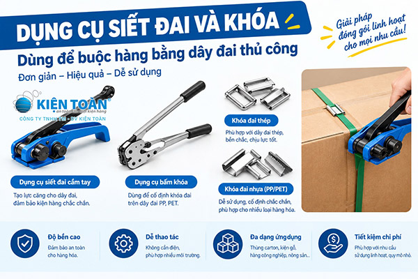 Dụng cụ siết đai và khóa dùng để buộc hàng bằng dây đai thủ công