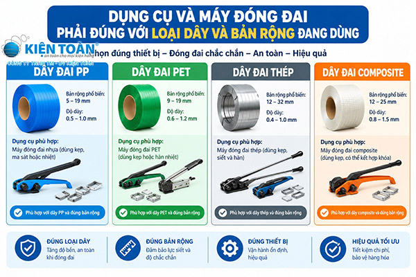Dụng cụ đóng đai và máy đóng đai dùng với dây đai đóng hàng