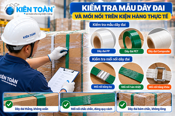 Kiểm tra mẫu dây đai và mối nối trên kiện hàng thực tế