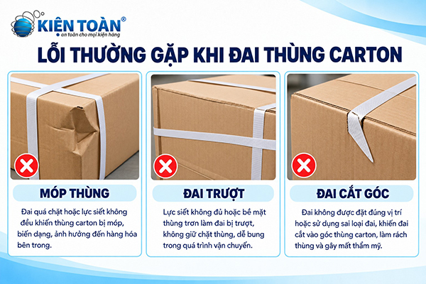 Lỗi thường gặp khi đai thùng carton như móp thùng, đai trượt, đai cắt góc