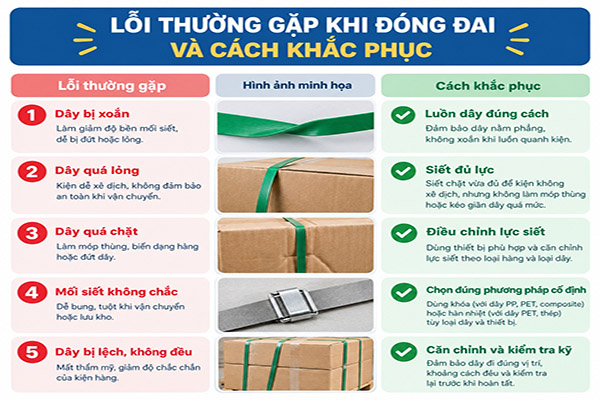 Lỗi thường gặp khi đóng đai kiện hàng như siết lỏng, siết quá lực, dây lệch
