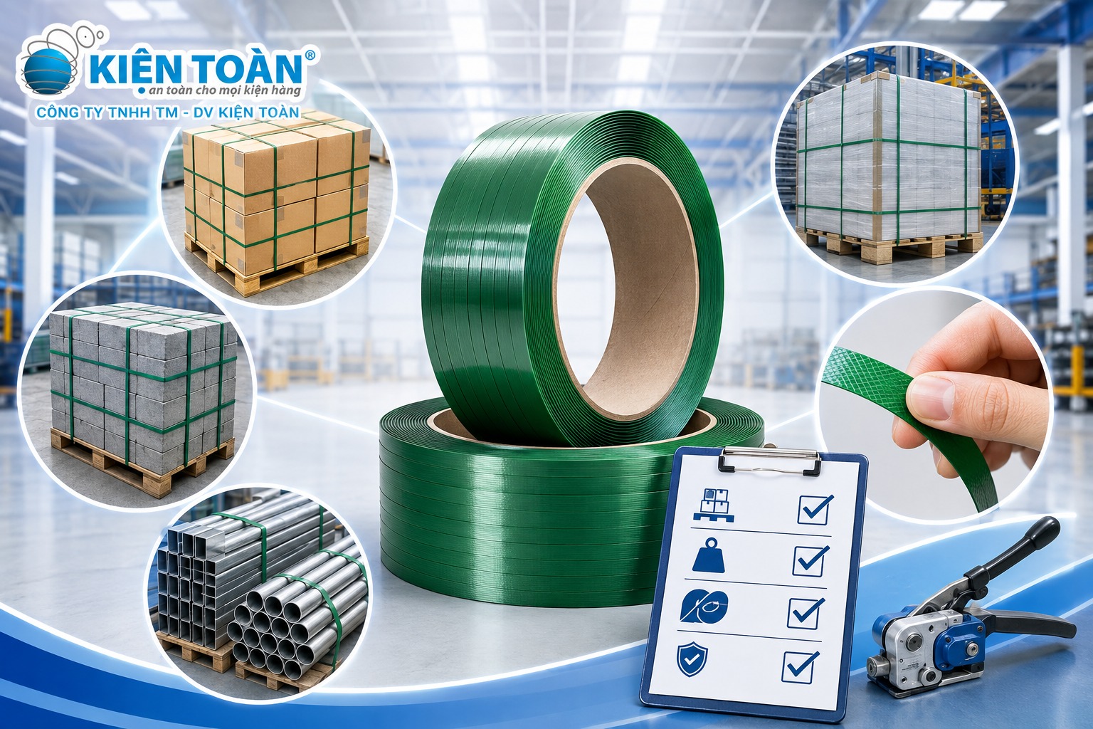 Dây đai PET chịu lực cao dùng cho pallet và kiện hàng nặng.
