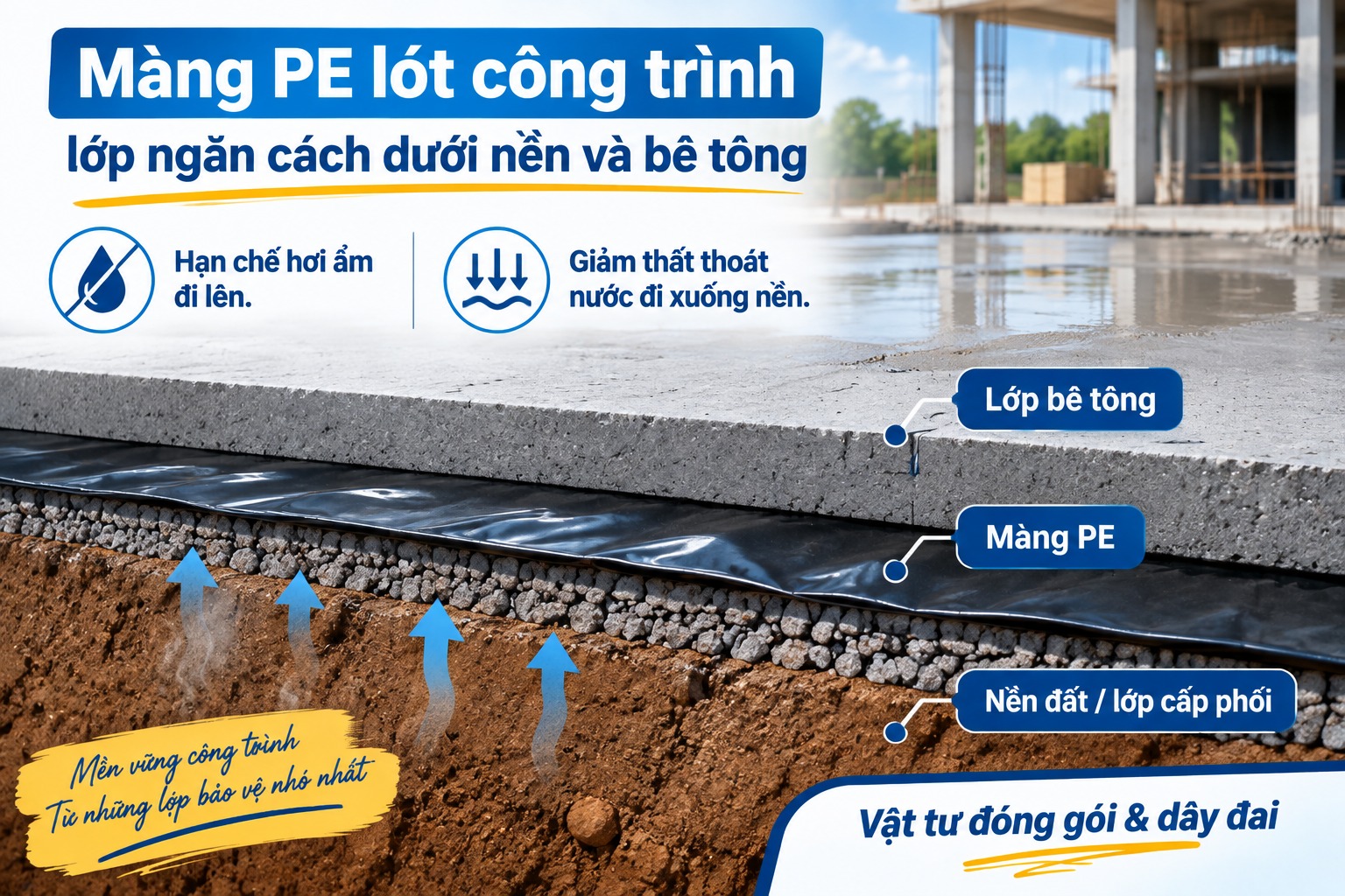 Màng lót công trình chống thấm đặt giữa nền đất và lớp bê tông