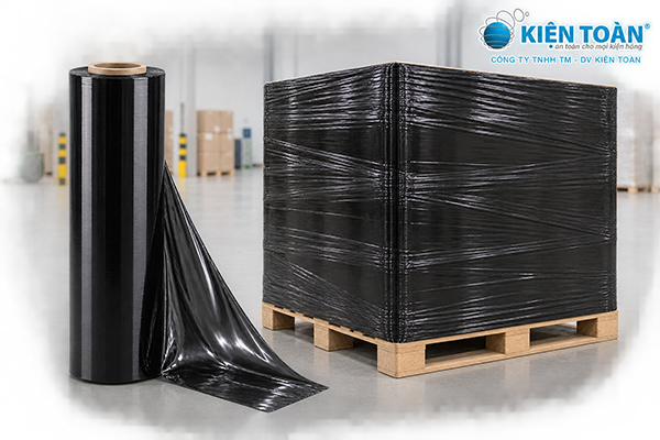 Cuộn màng PE đen và pallet được quấn che kín