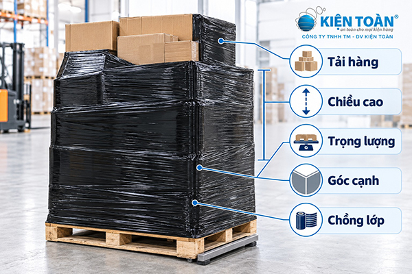 Pallet hàng được quấn màng PE đen theo tải trọng và chiều cao kiện