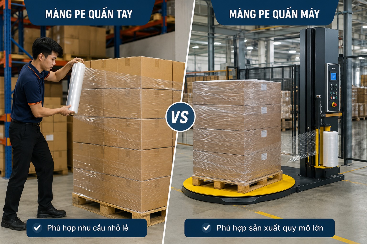 Màng PE quấn tay và màng PE quấn máy