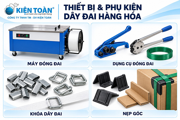 Máy đóng đai, dụng cụ, khóa dây đai và nẹp góc đi kèm dây đai hàng hóa