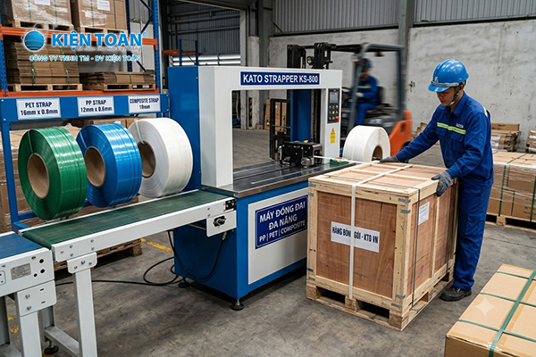 Máy đóng đai dùng với dây đai nhựa PP, PET, composite