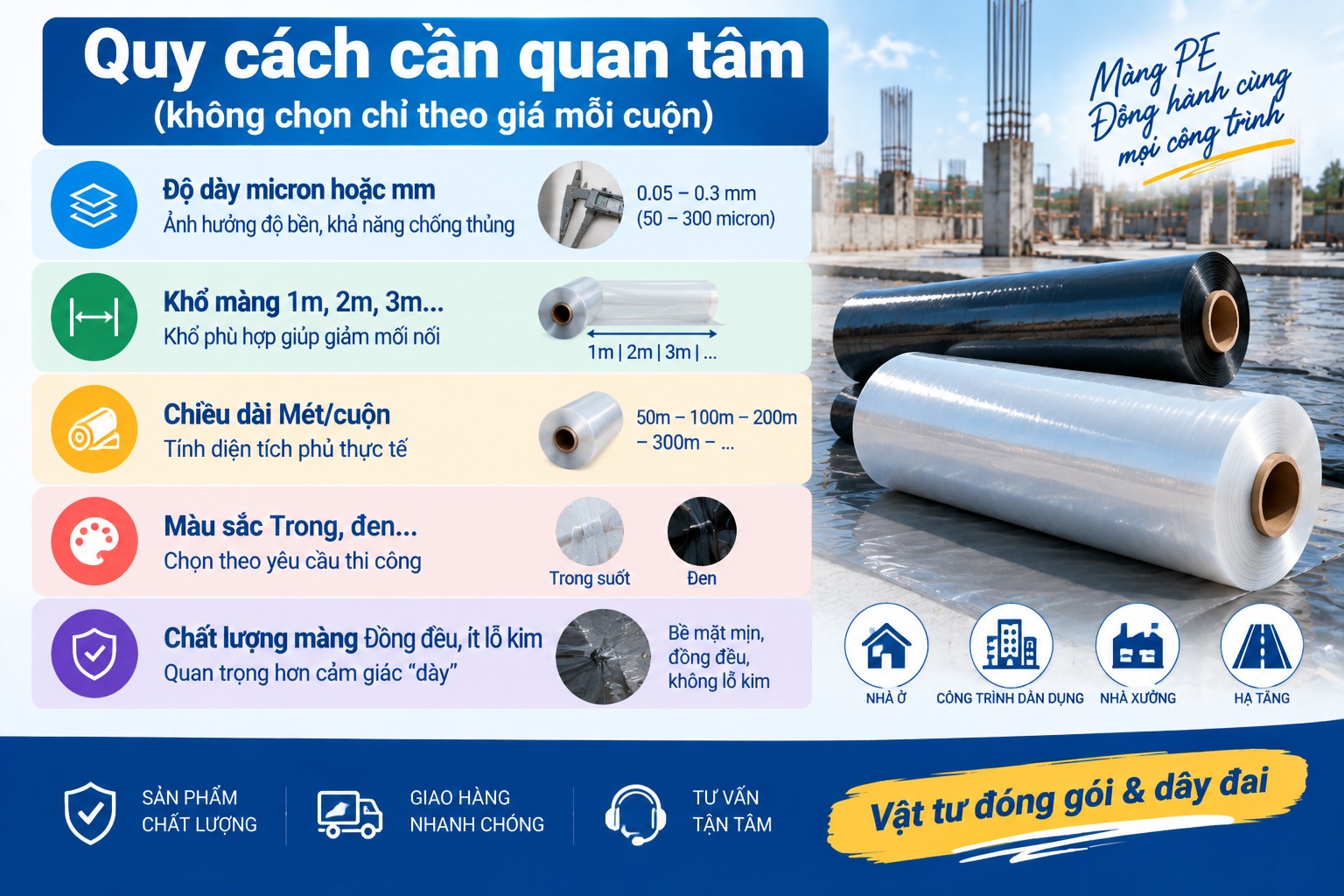 Các thông số cần kiểm tra khi chọn màng PE xây dựng