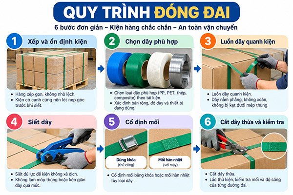 Quy trình đóng đai kiện hàng bằng dây đai đóng hàng gồm sáu bước