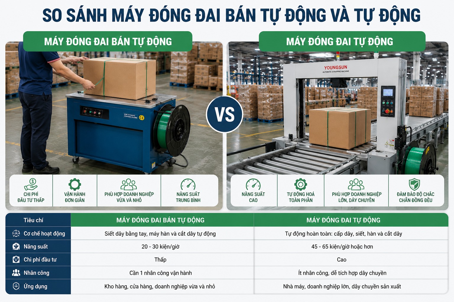 So sánh máy đóng đai bán tự động và tự động