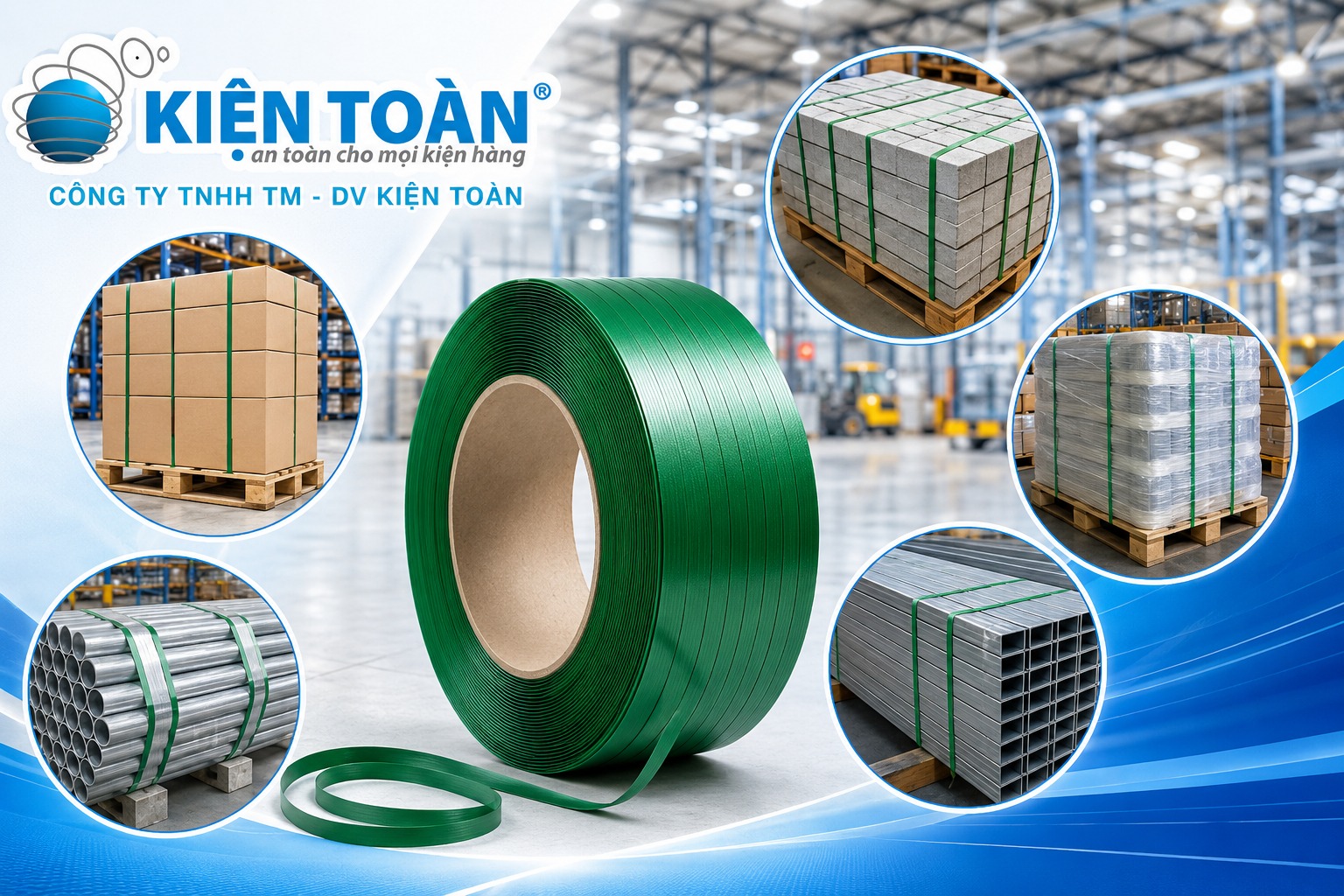 Ứng dụng dây đai PET trong pallet vật liệu xây dựng và hàng công nghiệp.