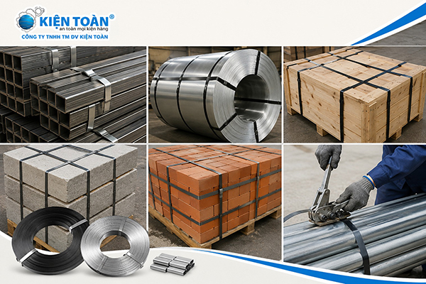Ứng dụng của dây đai thép trong đóng kiện thép, gỗ, máy móc và vật liệu xây dựng.