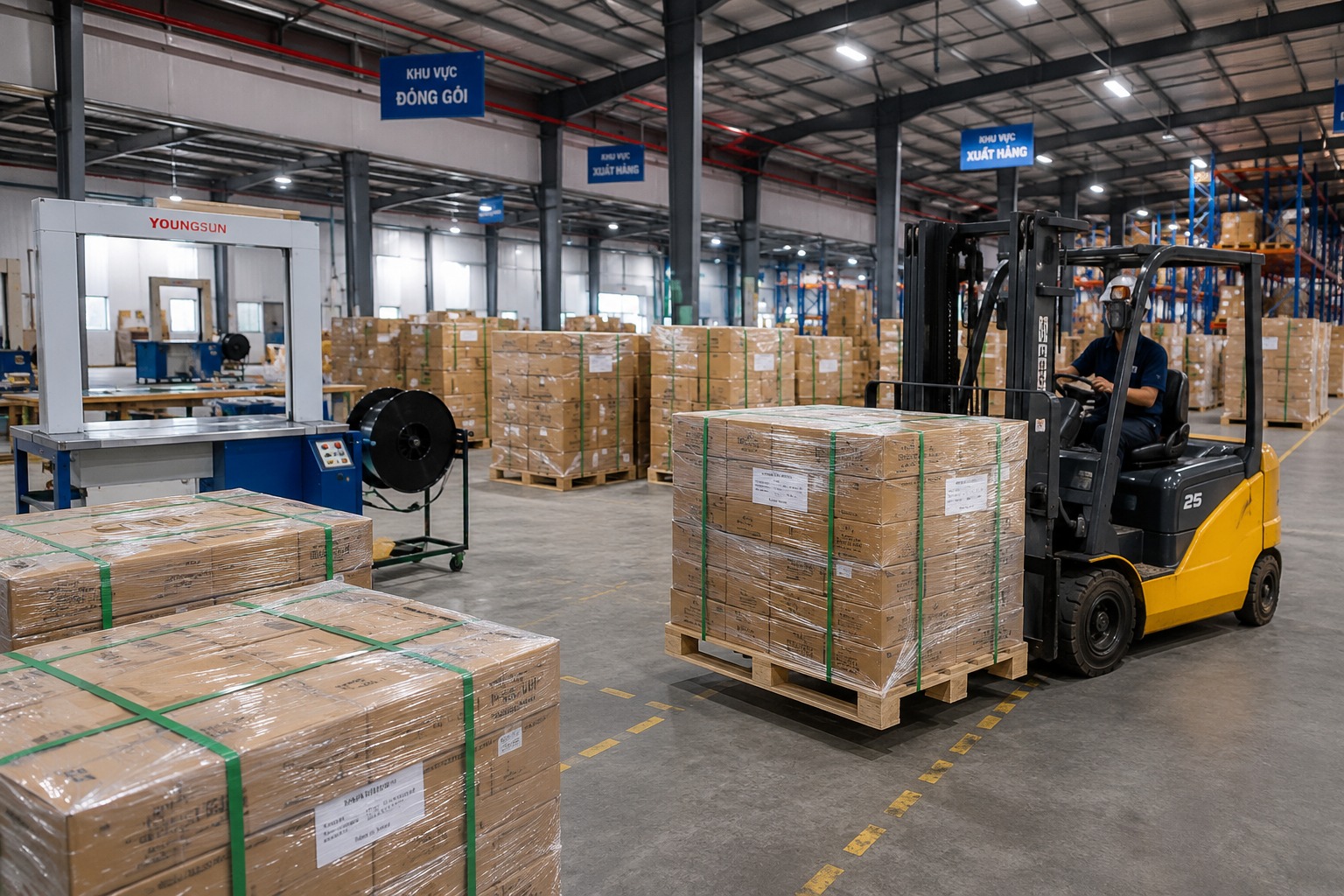 Ứng dụng máy đóng đai trong sản xuất và logistics